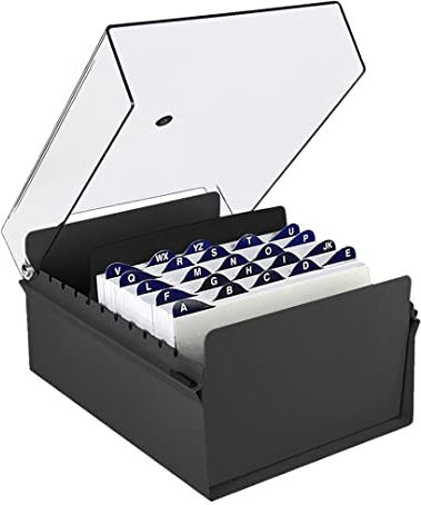 Acrimet 5'' X 8'' Card File Holder Organizer Box Metal Base Heavy Duty (AZ Index Cards 205mm width x 138mm height and Divider Included) (Black Color with Clear Crystal Plastic Lid Cover)