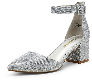 DREAM PAIRS Zapatos de Tacón Ancho Cómodos Clásicos de Punta Afilada Zapatos de Salón con Tira de Tobillo Moda,Size 35,Plata/Brillo,ANNEE