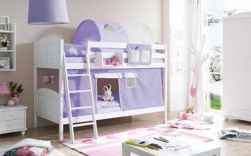 Etagenbett Doppelbett Kinderbett Erni Kiefer massiv Weiss teilbar, Vorhangstoff:Lila Beige