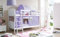 Etagenbett Doppelbett Kinderbett Erni Kiefer massiv Weiss teilbar, Vorhangstoff:Lila Beige