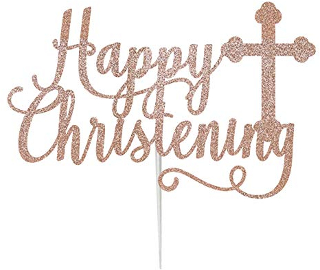 LissieLou Happy Christening with Cross Cake Topper Glitter Card Rose Gold Made in the UK