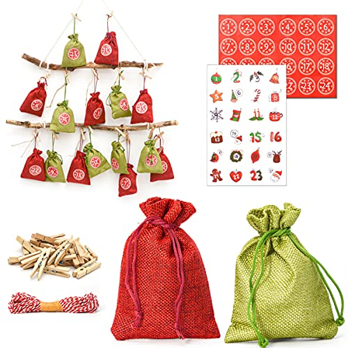 DuneDesign PERFEKT FÜR 2025: DIY Adventskalender zum Befüllen - 24 Adventskalender Säckchen Stoff mit Girlande und Sticker-Set - Weihnachtskalender zum Selber Befüllen Adventstüten zum Befüllen Kinder