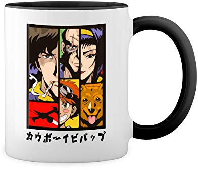 GR8Shop Cowboy Bebop Anime Characters Art Kawai Blanca taza de café con RIM Negro y manija Mug