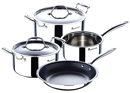 MasterPro - Batería de Cocina Triple Capa de 6 Piezas con 2 Cacerolas de 20 y 24 cm con Tapa, 1 Cazo de 16 cm y Sartén de 24 cm, Antiadherentes de Acero Inoxidable con Agarres Ergonómicos, Sin PFOA