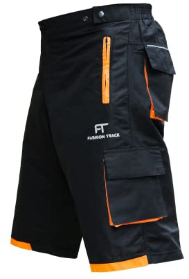FT Men's Padded MTB Baggy Cycling Shorts w/ 6 Pockets (L, Black/Orange)