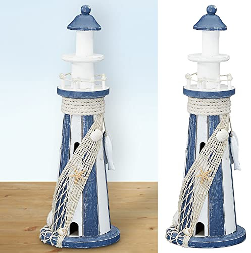 Cepewa Deko Leuchtturm │ Holz Seil Fischernetz Muscheln H37cm │ weiß blau Maritime Dekoration │ Leuchtfeuer Richtfeuer (1 x Leuchtturm H37cm Muscheln)