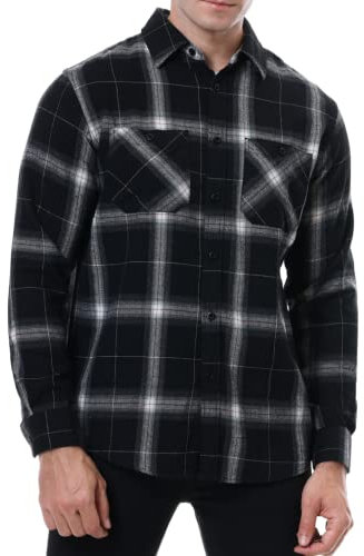 Ezmine Men’s Flannel Shirts Long Sleeve Casual Button Down Flannel Plaid Shirts for Men Camp Hiking, Black, XL