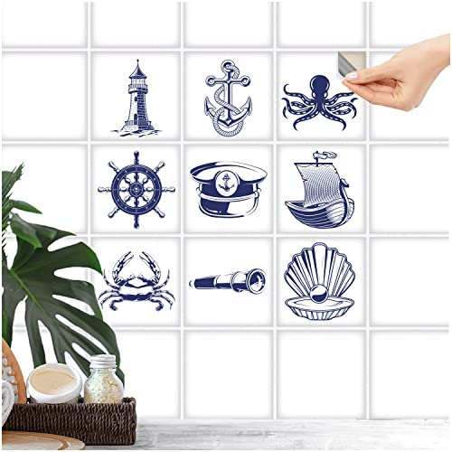 FoLIESEN Fliesenaufkleber für Bad, Küche, Badezimmer - Fliesen-Folie selbstklebend - Maritime Deko-Aufkleber - Capitaneus, .:10x10 cm - 9-tlg.