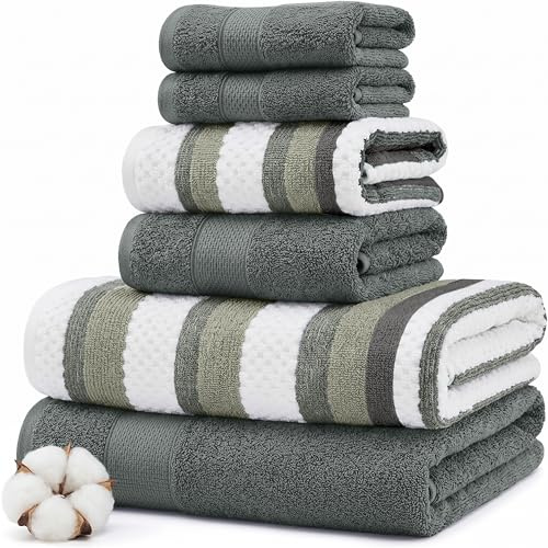 Modern Threads 6 Piece Bath Towel Set – Bathroom Towel Set with 2 Bath Towels, 2 Hand Towels & 2 Washcloths – 100% Cotton, Soft & Absorbent – Wide Stripe (Green)