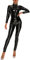 FEOYA Damen Latex Body Sexy Tiefer V-Ausschnitt Reißverschluss oben Langarm Latex Jumpsuit Clubwear offener Schritt Reißverschluss Design PVC Dessous Damen Nachtwäsche Party Kostüm A-Schwarz M