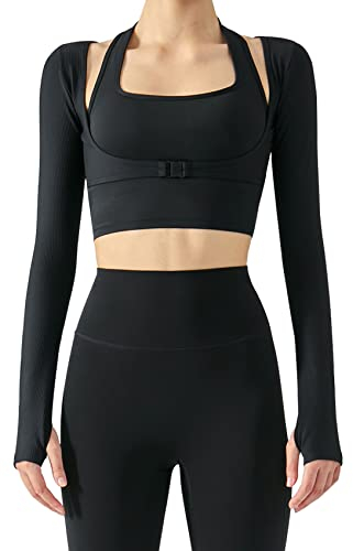 SEAUR Damen Sport Oberteil Langarm Crop Top Yoga Fitness 2 in 1 Laufshirt Longsleeve T-Shirt Eng Kurz Gym Top Neckholder Sportshirt - S