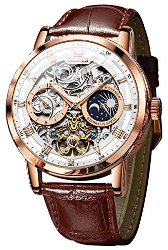 OLEVS Herren-Automatikuhr, selbstaufziehend, Sternenhimmel, Diamant-Skelett, Luxus-Armbanduhr, wasserdicht, leuchtend, Braunes Armband und weißes Zifferblatt, Luxuriöses Geschenk, Business, Freizeit