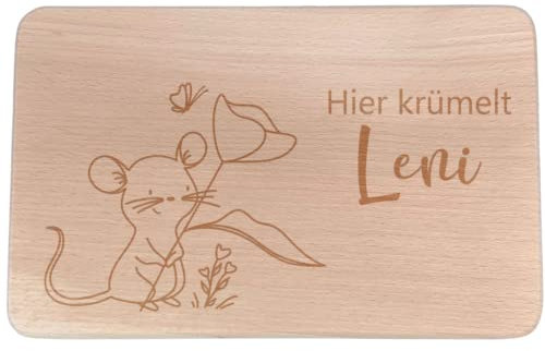 Personalisiertes Frühstücksbrettchen mit Namen I Holz Brettchen/Brotzeitbrettchen I Kleine Maus Motiv Graviert I Geschenk für Kinder