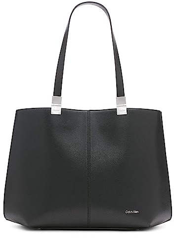 Calvin Klein Damen Geometric Tote Bag – Vegan Leather, Monogram, 3 Pockets Geometrische Tragetasche aus Granit