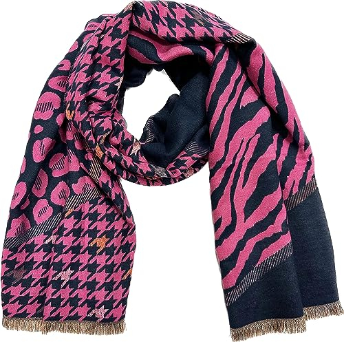 J26 XL Herbst Baumwolle Schal mit Leo Muster Winter Schal Leo Motiv Wolle Stola Tuch Cat Tier Süß Übergangsschal Cartoon Comic Animal (Pink)