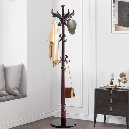SHAIRMB Porte-Manteaux sur Pied, Vintage Robuste Porte-Manteau Arbre, Porte-Manteaux en Bois pour L'EntréE avec 14 Crochets, pour VêTements/Sac/Chapeaux pour Couloir/Chambre,Rouge,Leaves