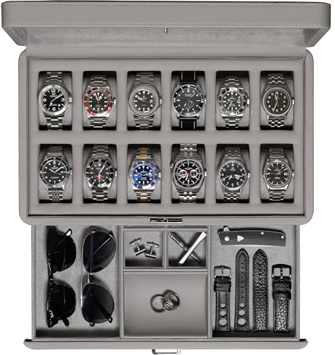 ROTHWELL Luxus Uhrenbox für 12 Uhren - PU Leder Uhrenbox mit Echtglasdeckel - Ausziehbare Zubehörschublade mit mehreren Fächern (Stein)