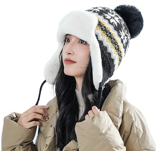 YJZQ Chapeau Chapka tricoté Casquette Chaud avec Cache-Oreilles Bonnet Aviateur d'hiver Femme Chapka Bordure manière Jacquard 56-58cm
