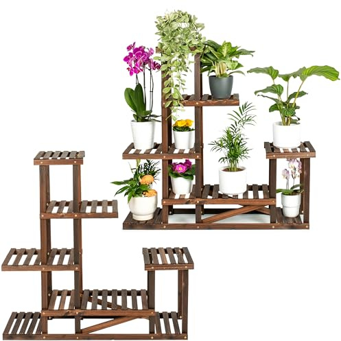 TTL HOME Pflanzenregal SKYLINE 2er Set - 96 x 97 x 25 cm Natur Holz braun | - Pflanzentreppe Blumenbank 96cm hoch 7 Plattformen auf 5 Ebenen Blumenregal Regal Blumentreppe innen & außen Balkon Terrasse