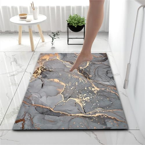 Hixingo Tapis de Bain Antidérapant Motif en Marbre Coloré Tapis Salle de Bain Diatomite Absorbant, Tapis Douche Séchage Rapide, Microfibre Tapis Vaisselle Tapis d'Entré (50x80cm,Or Gris)