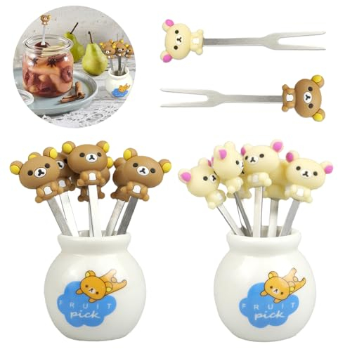 Suaywo 12 Mini Tenedores de Frutas Con Dibujos Animados Bento - Animales de Acero Inoxidable, Reutilizables, Para Ensalada - Asas de Silicona y Recipientes