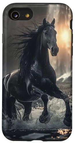 Pure Naturszene Und Schwarzes Pferd Hülle für iPhone SE (2020) / 7 / 8