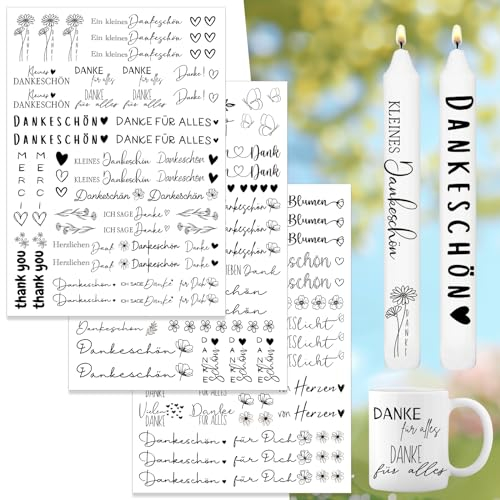 Kerzen Tattoo Folie – 3 Stück A4 Kerzentattoos mit „Danke“-Motiven, Wasserschiebefolie für Kerzen, DIY Aufkleber für Stabkerzen und Tassen(Danke)