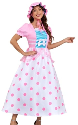 AYYOHON Bo Peep Kostüm für Erwachsene, Damen, gepunktetes Kleid, Kostüm, Outfit, Halloween, Cosplay, Kostüm mit Hut