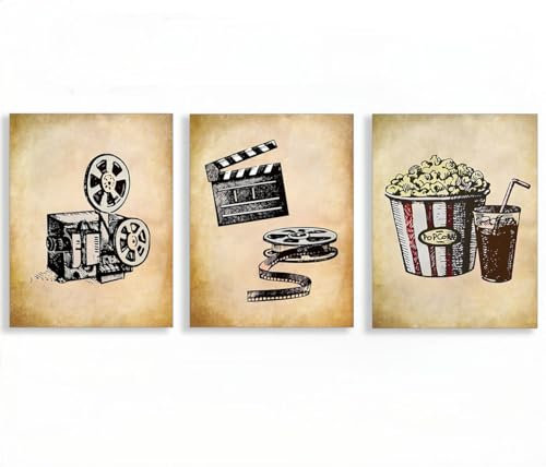 Kino Leinwand Poster Vintage Wand Kunst Popcorn Film Klappe Kunstdrucke Retro Wand Bilder für Kino Wohnzimmer Dekor-50x70cmx3 Rahmenlos