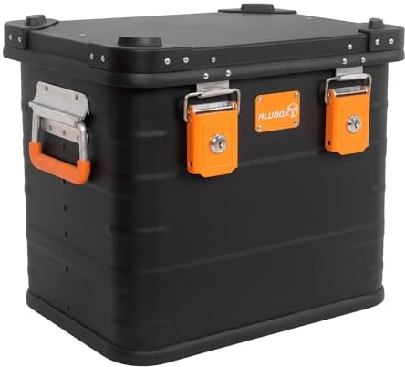 Alubox Alukiste abschließbar E31B - Premium Aluminium Lagerbox 31 Liter - Deckel mit Aluminium Druckguss Stapelecken und Gummidichtung - inklusive Schlösser - schwarz lackiert
