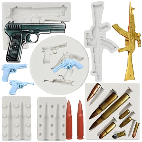 MYPRACS Gun Silicone Moulds Pistol Machine Gun Fondant Mould Bullet Silicone Moulds for Cake Decorating Cupcake Topper Chocolate Candy Polymer Clay Gum Paste Set of 5
