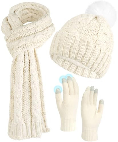 ILovDaisy Mütze, Schal & Handschuh-Sets für Damen Winter, Beanie Gestrickte Wintermütze mit Bommel, Thermo Winterhandschuhe Touchscreen, Warme Kuschelige Schal Winterset Elfenbein