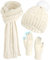 ILovDaisy Mütze, Schal & Handschuh-Sets für Damen Winter, Beanie Gestrickte Wintermütze mit Bommel, Thermo Winterhandschuhe Touchscreen, Warme Kuschelige Schal Winterset Elfenbein