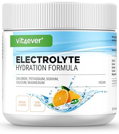 Electrolitos - 400 g (80 raciones) - Fórmula hidratante con cloruro, potasio, sodio, calcio, magnesio - Perfecto para deportistas con pérdida de líquidos - Sin azúcar - Vegano - Sabor Naranja