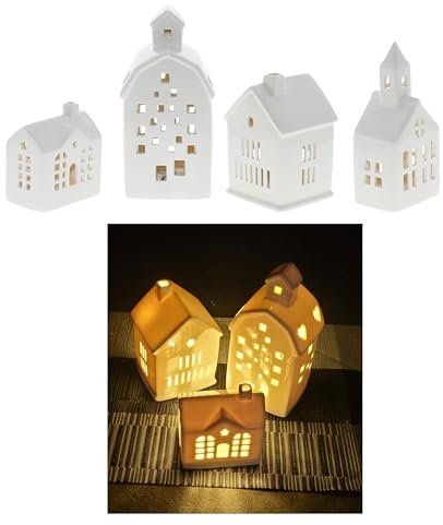4 Stück Keramik Teelicht Häuschen Teelichthaus Weihnachtsdeko Winter Dekoration