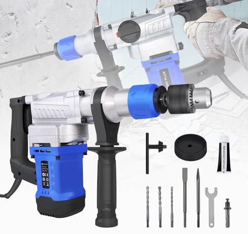 Elektrischer Bohrhammer,Schnurgebundener Hammer mit 6 verstellbaren Geschwindigkeiten & 360°Rotationsgriff,Schlagbohrmaschine,Bohrschrauber Set 1080W mit Bohrer & Meißel für Mauerwerk/Stein/Beton