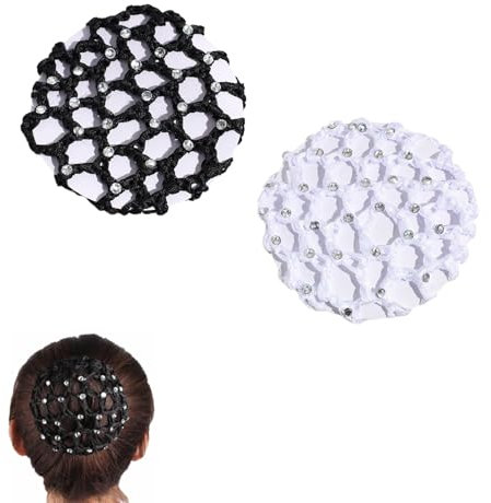 Dutt Netz Haarnetz,2 Pcs Dutt Netz mit Strasssteinen Bun Frisurenhilfe Stoff Knotennetz Ballett Haarnetz Dutt Mädchen Haargummi Strass für Gymnastik Rhythmische Sportgymnastik Ballett(Schwarz,Weiß)
