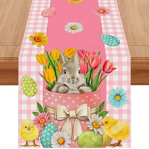 Osterdeko Blume Hase Osterei Tischläufer Ostern,33x183cm Ostern Tischläufer Frühling Ostertischläufer Tischdecke OsternTischdeko Ostern für Küche Tisch Dekoration Drinnen Urlaub Party Dekor (B)