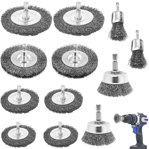 12 Pcs Brosses Métalliques Kit avec Tige Hexagonale 6.3, Brosse Disque Grossière pour Nettoyer Bois Métal, Accessories Brosse Metallique Perceuse pour Élimination Rouille, Décalaminer