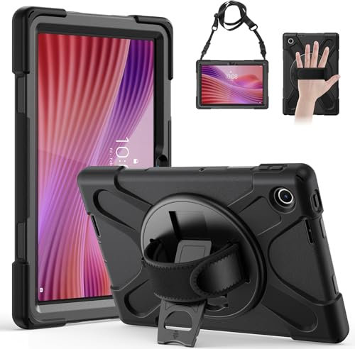 Gerutek Case for Lenovo Tab 10.1 Inch 2025,TB-311FU/TB-311XU Shockproof Rugged Cover with 360 Rotating Stand/Hand Strap, Shoulder Strap Protective Case for Lenovo Tablet 2025 10.1,Black