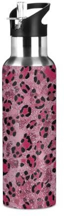 Mexpekil Borraccia termica con stampa leopardata rosa glitterata da 600 ml, con coperchio con cannuccia, in acciaio inox, a prova di perdite, per viaggi, sport, corsa, ciclismo, escursionismo
