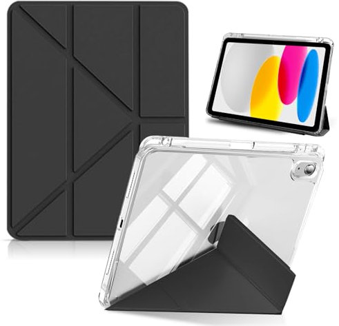 HinZann Custodia per iPad (A16) 11 Pollici 2025 / iPad 10 Generazione 10,9 Pollici 2022 con Portapenne, Ultrasottile Trasparente Posteriore Cover con Auto Sveglia/Sonno - Nero