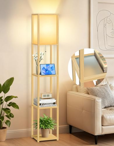 OUTON Stehlampe mit Glasablagen, 3000K-6000K Einstellbare Farbtemperaturen, LED Moderne Säulenstehlampe, Holz Eck-Display Stehleuchte für Wohnzimmer, Schlafzimmer, Büro, Holz