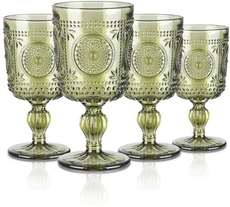 Joeyan 300ml Vintage Grün Weingläser Set von 4, Sonnenblumen Relief Kelche | Farbig Weinkelche Landhausstil für Saft Getränke,Rotweingläser mit Stiel,Weißweingläser Trinkgläser mit Fuß,Spülmaschinenfest