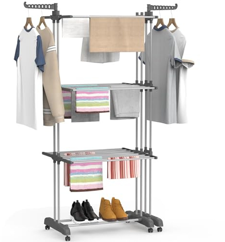 Soontrans Wäscheständer Platzsparend, 130 cm ×50 cm ×170 cm, Wäscheständer Turm Klappbar mit Rollen, 2 Seitenflügeln, Wäscheturm Leichtem Aufbau, Turmwäscheständer für Drinnen und Draußen(grau)