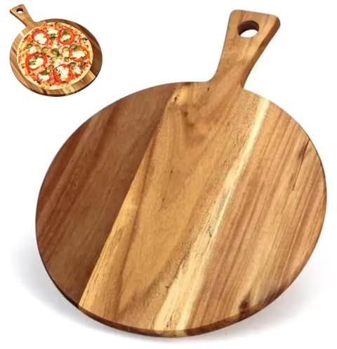 Ianulus Rundes Schneidebrett aus Akazienholz, Pizza-Paddel Pizzaschaufel, Holz Schneidebrett mit Griff, Küche Fleisch Servier Brett, Tablett für, Keksen, Kuchen, Brot