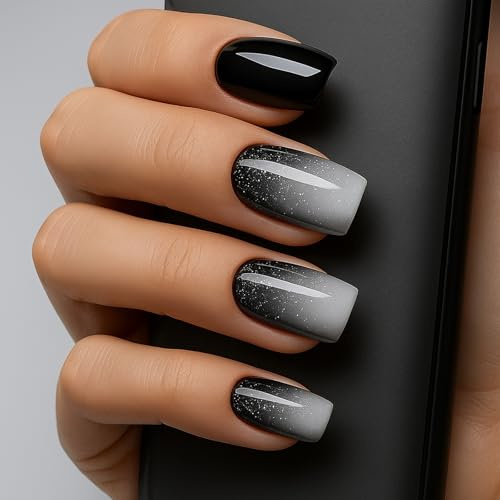 Ombre Black Press On Nails Almond Shape - Elegant Gradient Fake Nails with Glitter Accents Kit for Women Girls, DIY French Manicure at Home, Short False, Stick On Square Tips