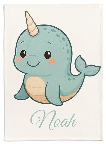 Pictogogo Personalisierte Babydecke mit Namen und Datum - Kuschelige Meilensteindecke aus Minky-Fleece, Ideal als Geburtsgeschenk (Narwal)