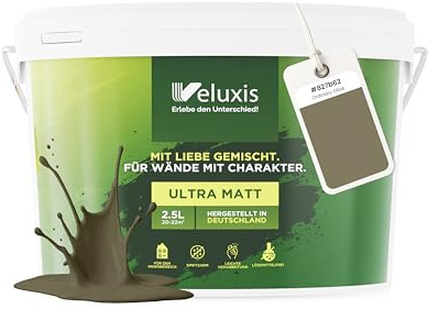 Veluxis® Peinture murale verte pour intérieur - 2,5 litres et classe d'opacité 1, sans traces, anti-gouttes et écologique, sans COV - (Ordinary Olive)