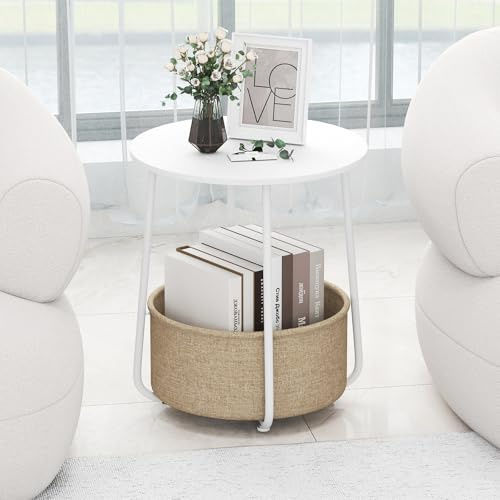 COSTWAY Petite Table Basse Ronde avec Panier en Tissu, Table d'Appoint avec Rangement, Cadre en Métal, Design Moderne, pour Salon, Chambre, Bureau (Blanc)